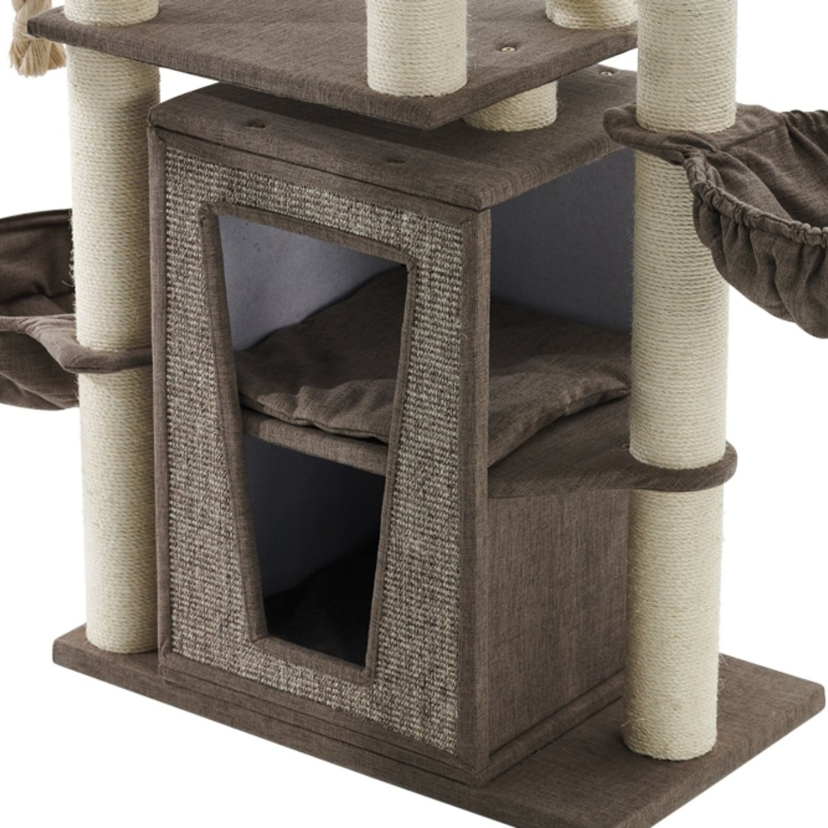 Design Kratzbaum Braun 157 cm mit Spielseil und gemütlicher Mehr-Etagen-Höhle