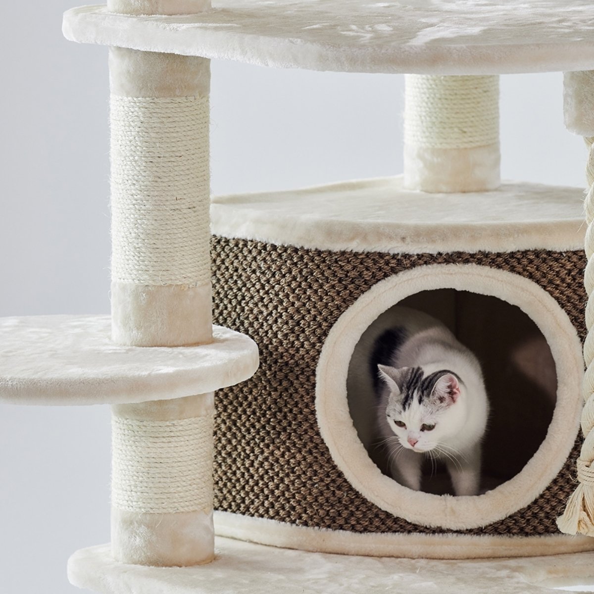 Großer Katzenkratzbaum ELIF in Cream mit stabiler Bodenplatte 70 × 70 cm und Sisalstämmen