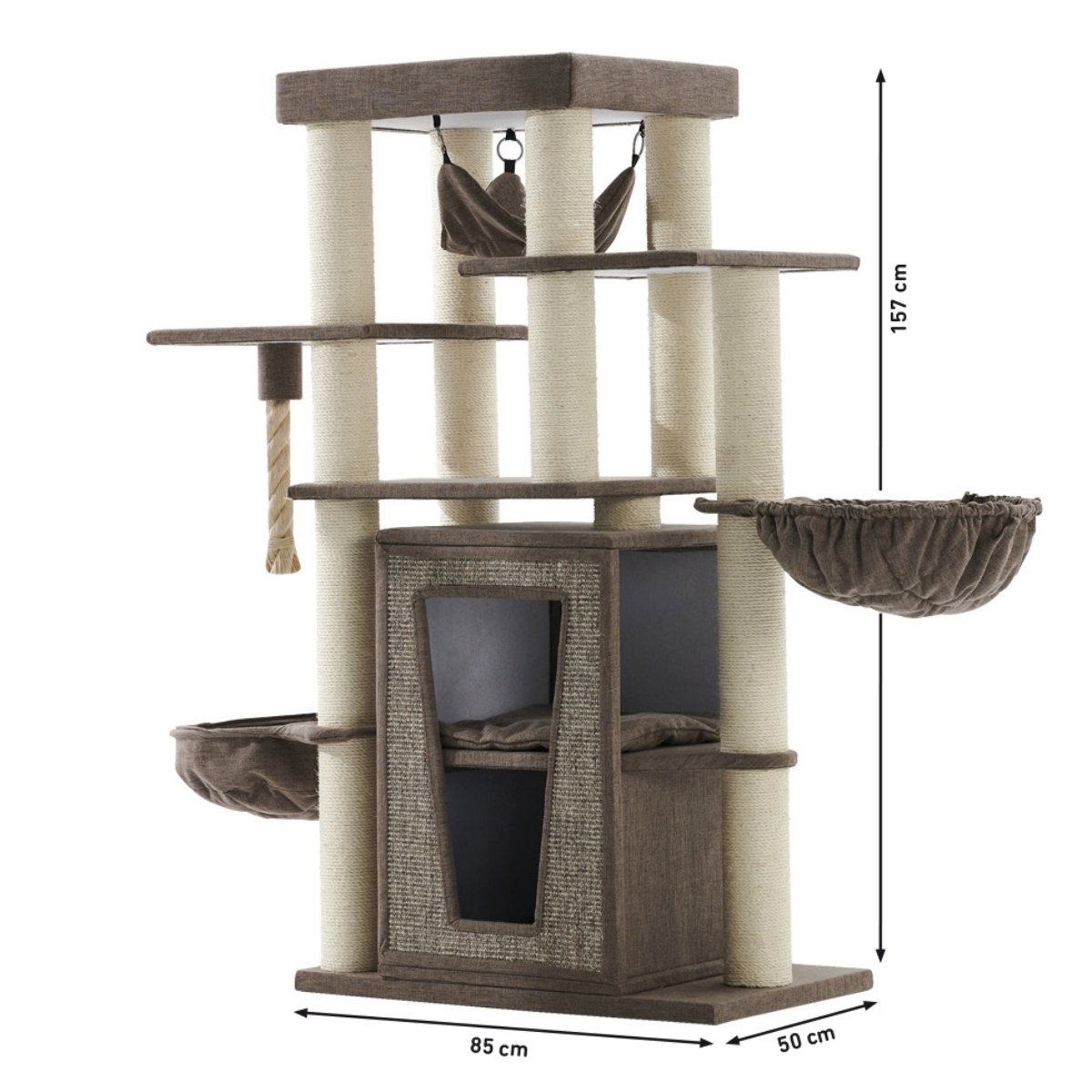 Großer Kratzbaum 157 cm in Braun mit Leinenbezug und stabiler 85 x 50 cm Bodenplatte