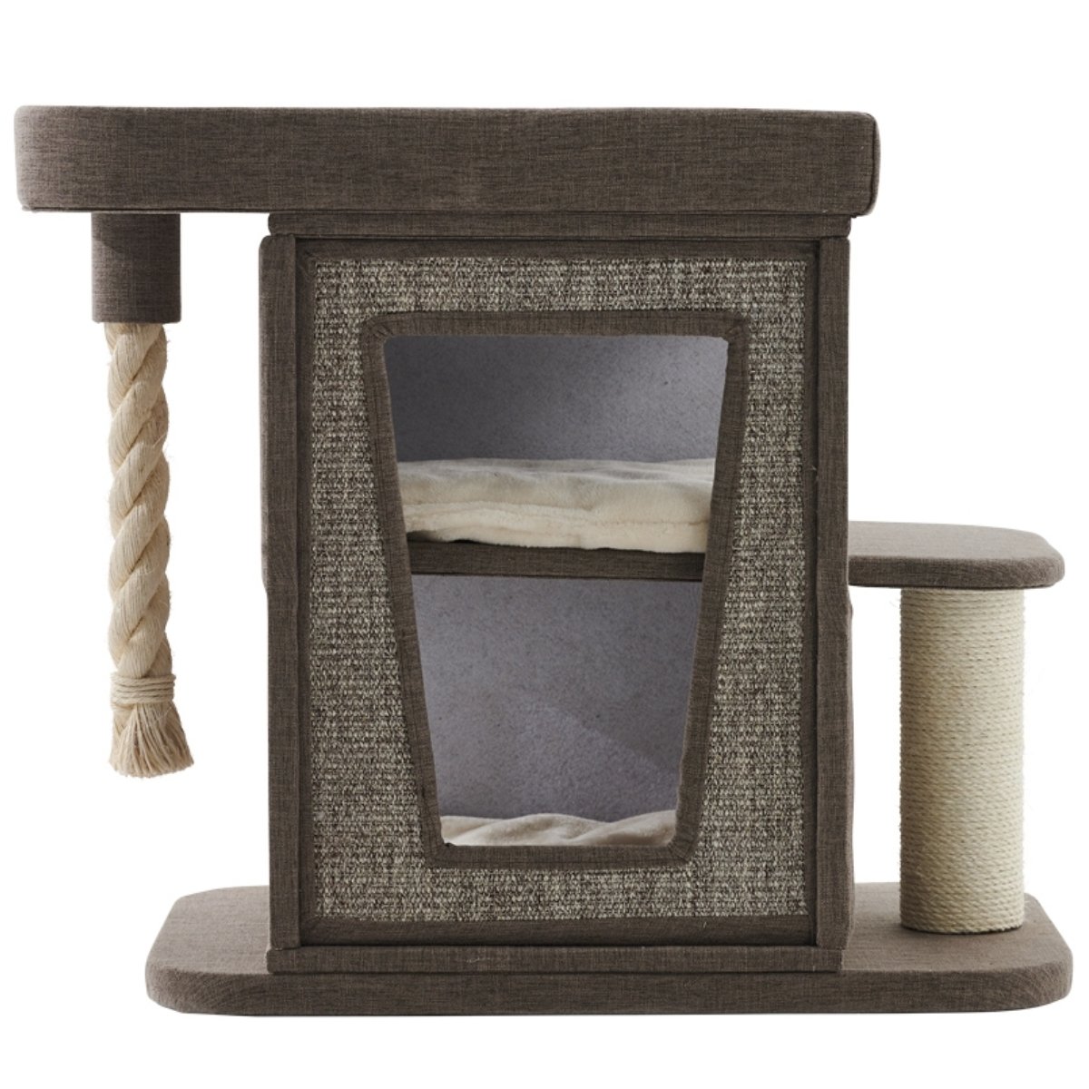 Kleiner brauner Kratzbaum „Ulvi“ in Leinenoptik mit großer Höhle, drei Liegeflächen und Sisalstämmen auf kompakter Grundfläche