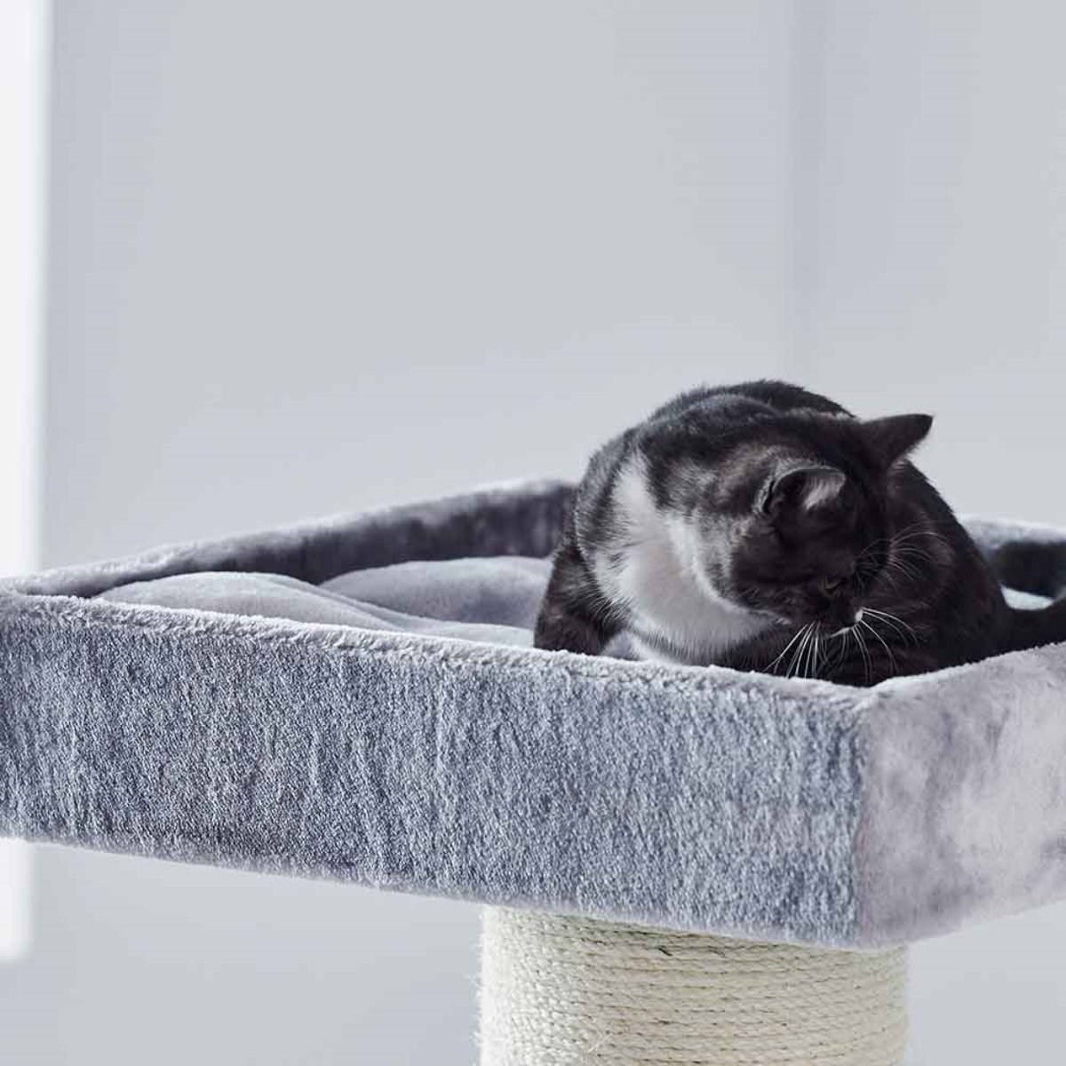 Stabiler Katzenkratzbaum Samar in Grau 130 cm mit Hängematte und Ø 20 cm Sisalstämmen