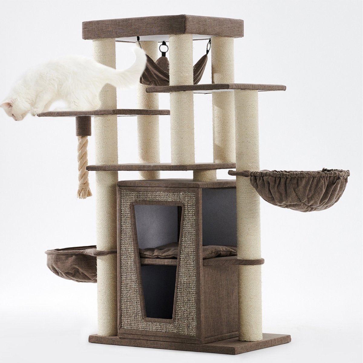 Stabiler Kratzbaum in Leinenoptik mit zwei Liegemulden und zweistöckiger Höhle