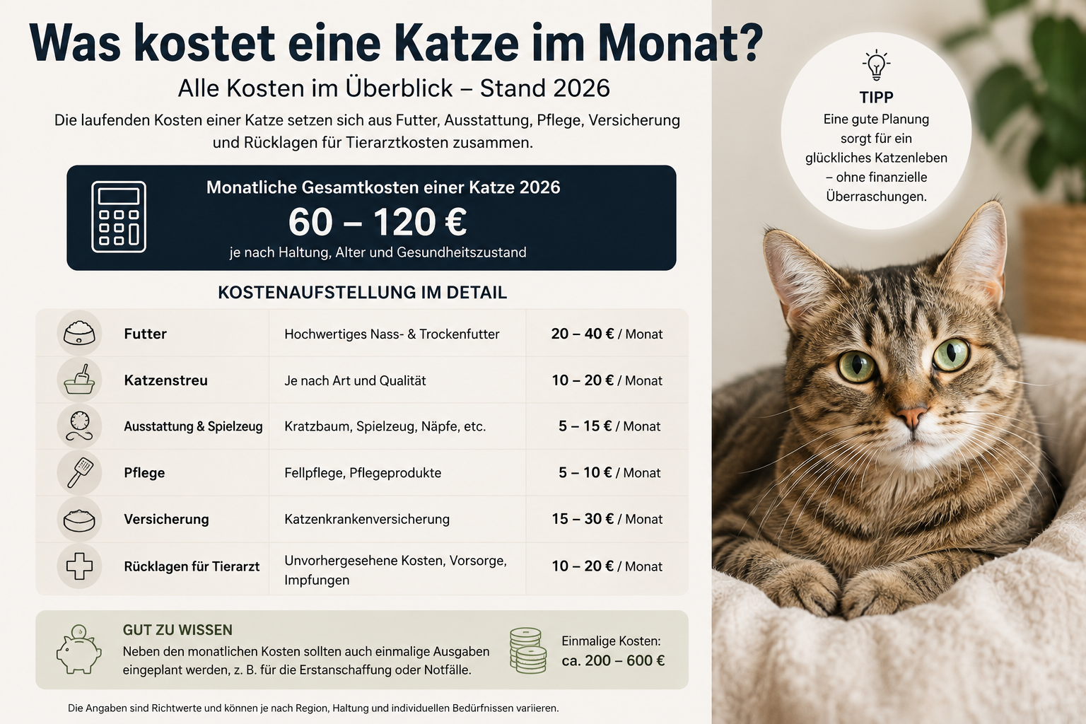 Wie viel kostet eine Katze im Monat im Jahr 2026?